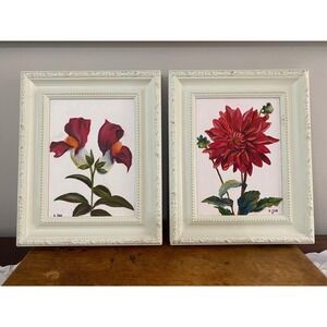 Vintage Signed Floral Original Oil Paintings Pair Framed Red Iris Dahlia Cottage